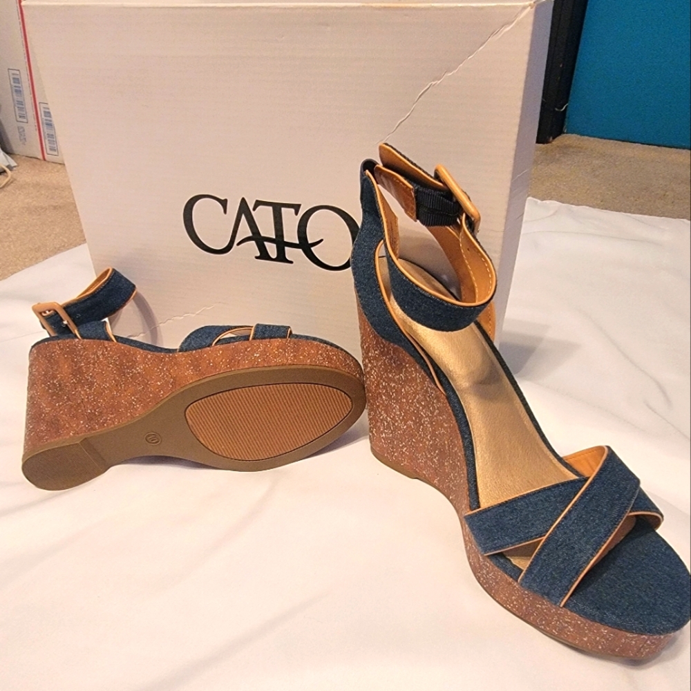 Cato Blue Tan Wedge Sandals with Cork Heel